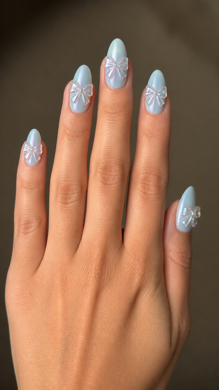 Baby Blue Almond Nails with Iridescent Bows