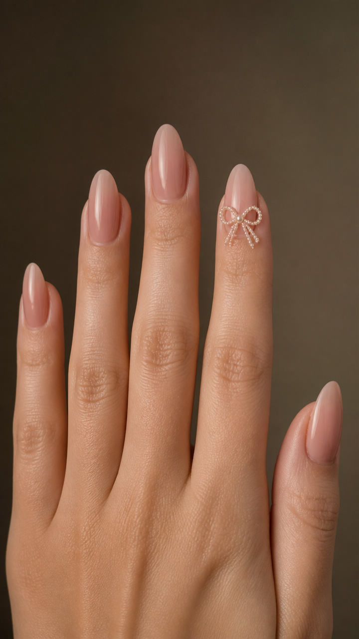 Nude Glossy Base with Double Pearl Bow Accent