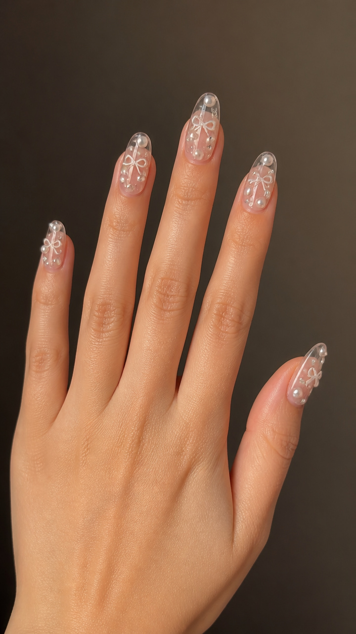 Clear Jelly Nails with Suspended Pearls and Micro Bows