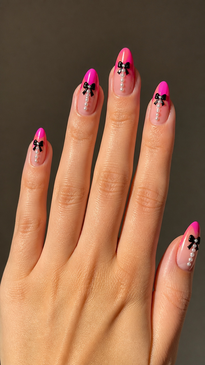 Hot Pink Tips with Black Bow and Pearl Stripe