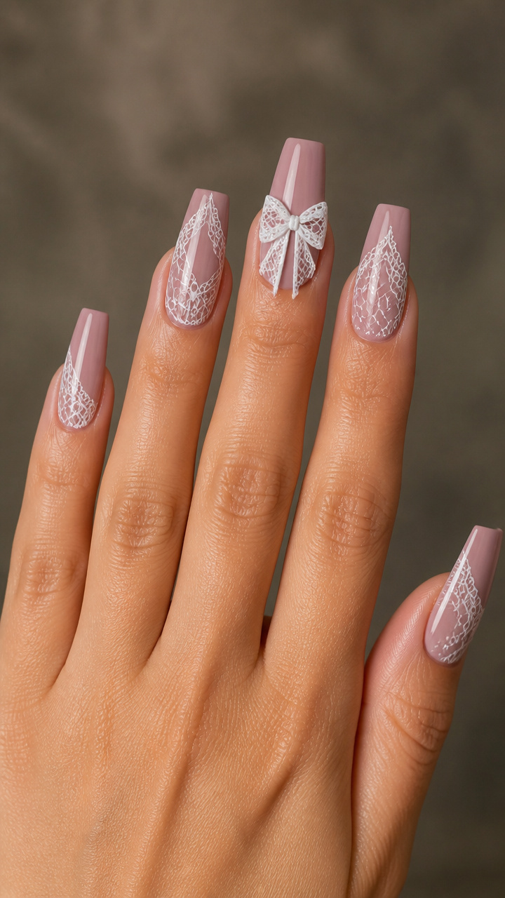 Mauve Coffin Nails with Lace-Inspired Bow Design