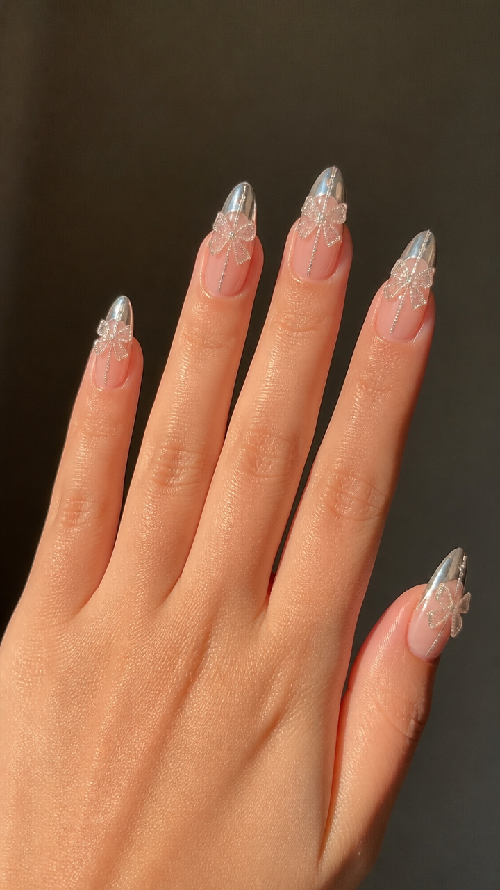 Silver Chrome Tips with Glitter Bow Overlay