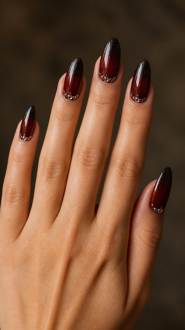 Burgundy Ombre Almond Nails with Rhinestones