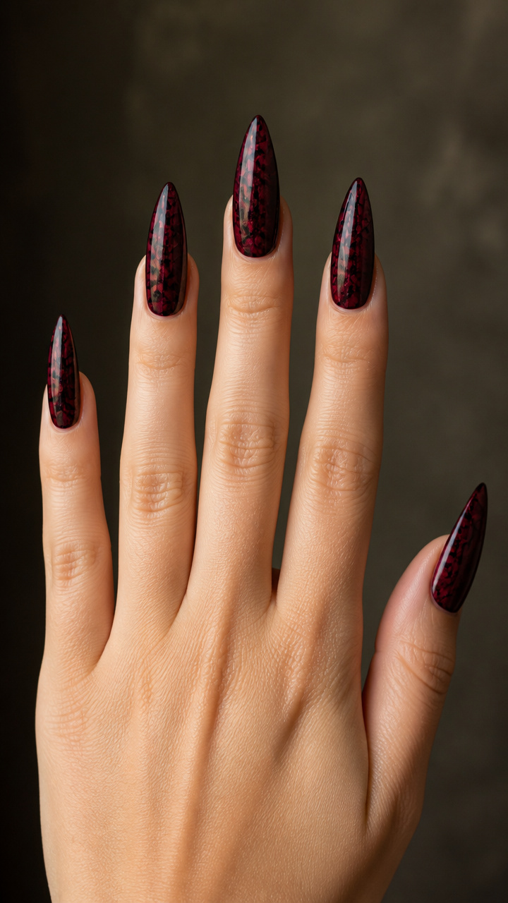 Vampy Burgundy Stiletto Nails with Black Crackle