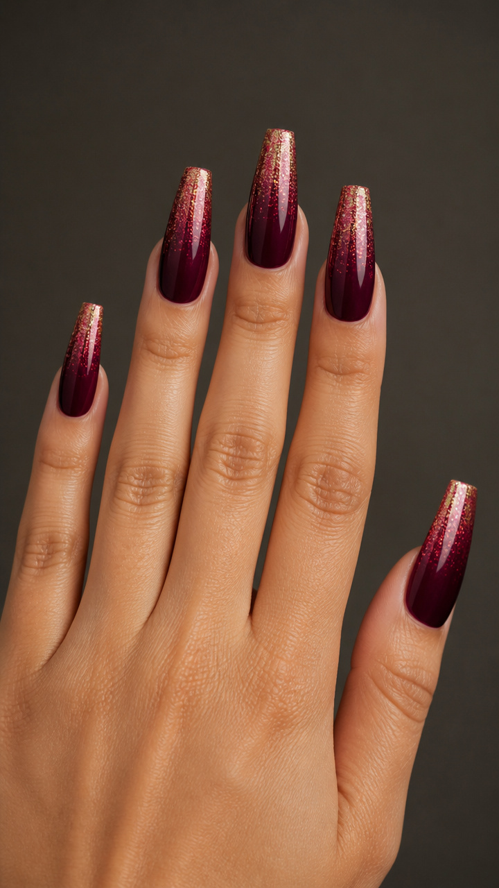 Coffin Nails with Burgundy Glitter Fade