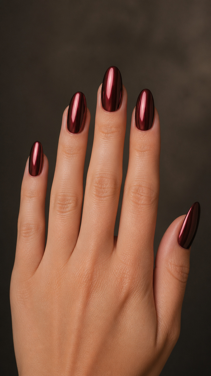 Burgundy Mirror Chrome Almond Nails