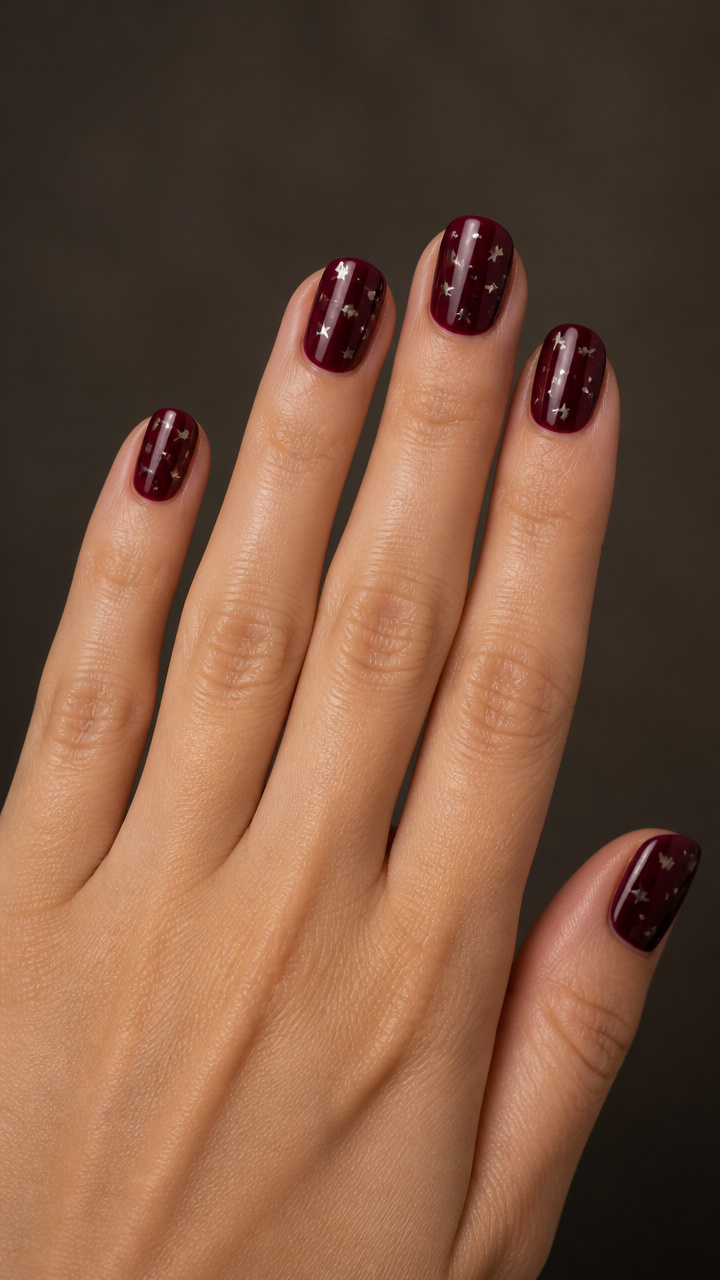 Dark Wine Nails with Tiny Silver Stars