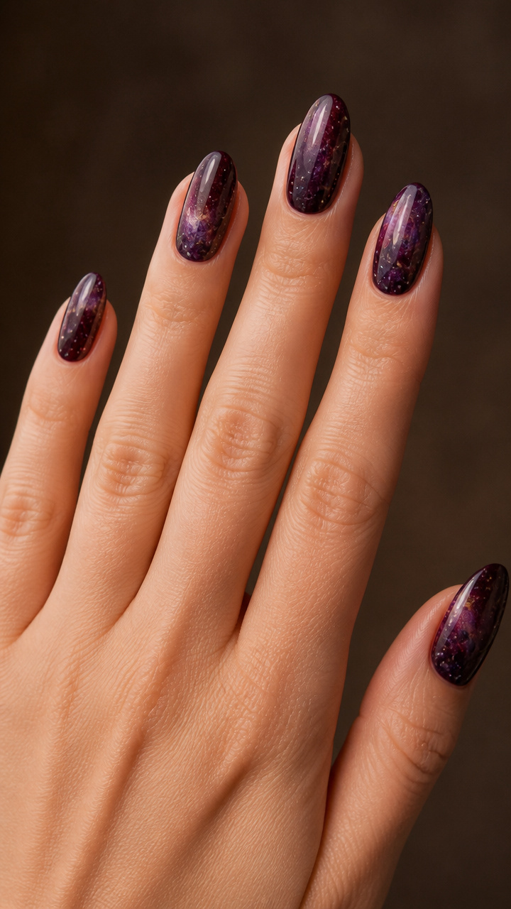 Plum Galaxy Nails with Speckled Finish