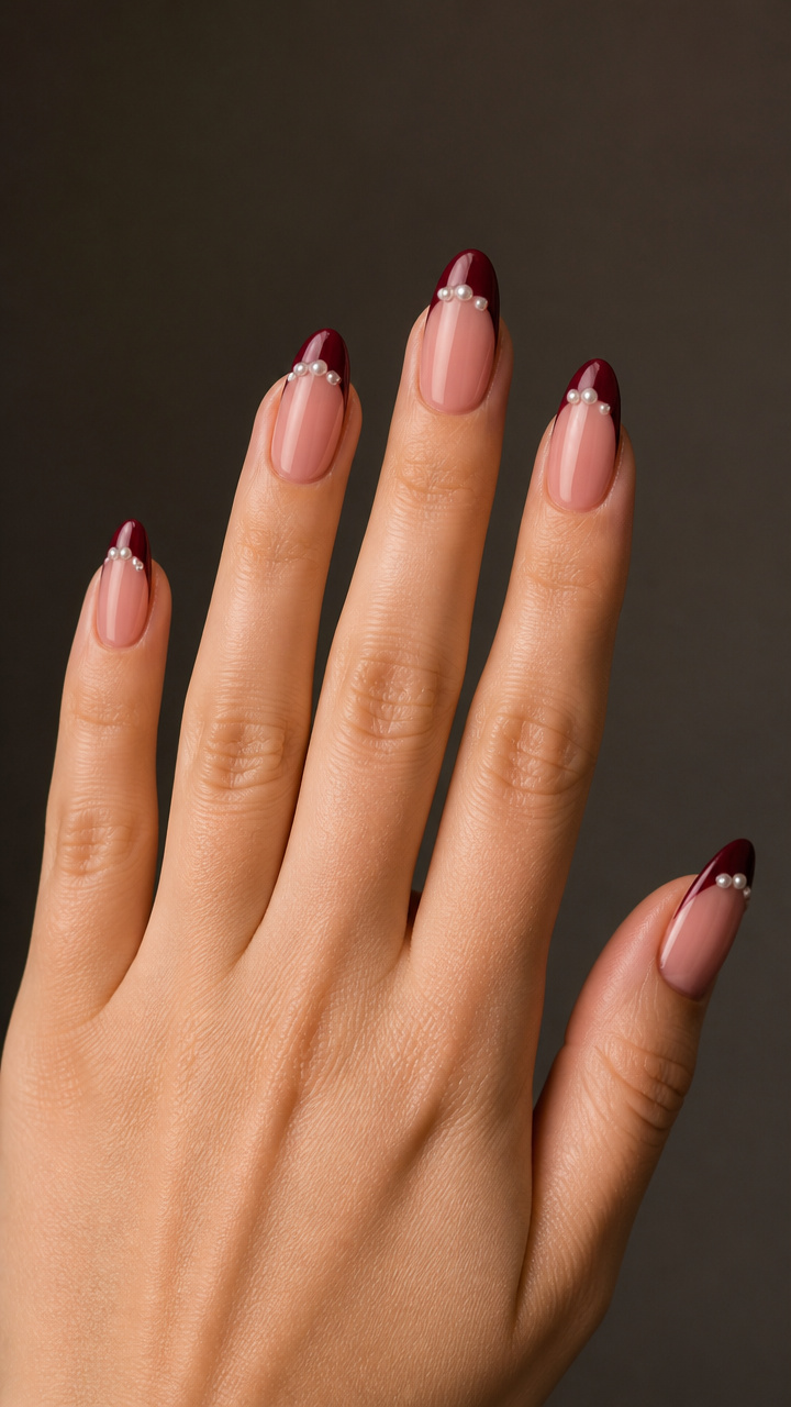 Glossy Burgundy Tips with Micro Pearls