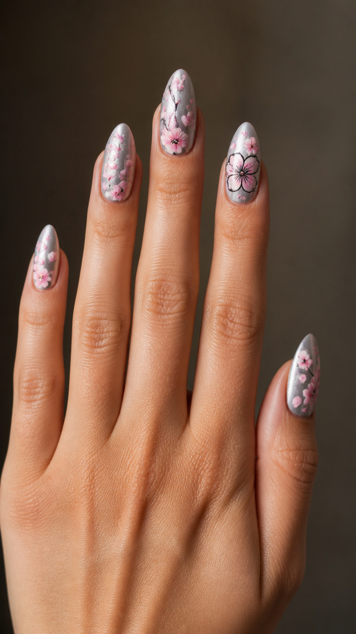 Frosted Cherry Blossom Nail Art on Chrome Base