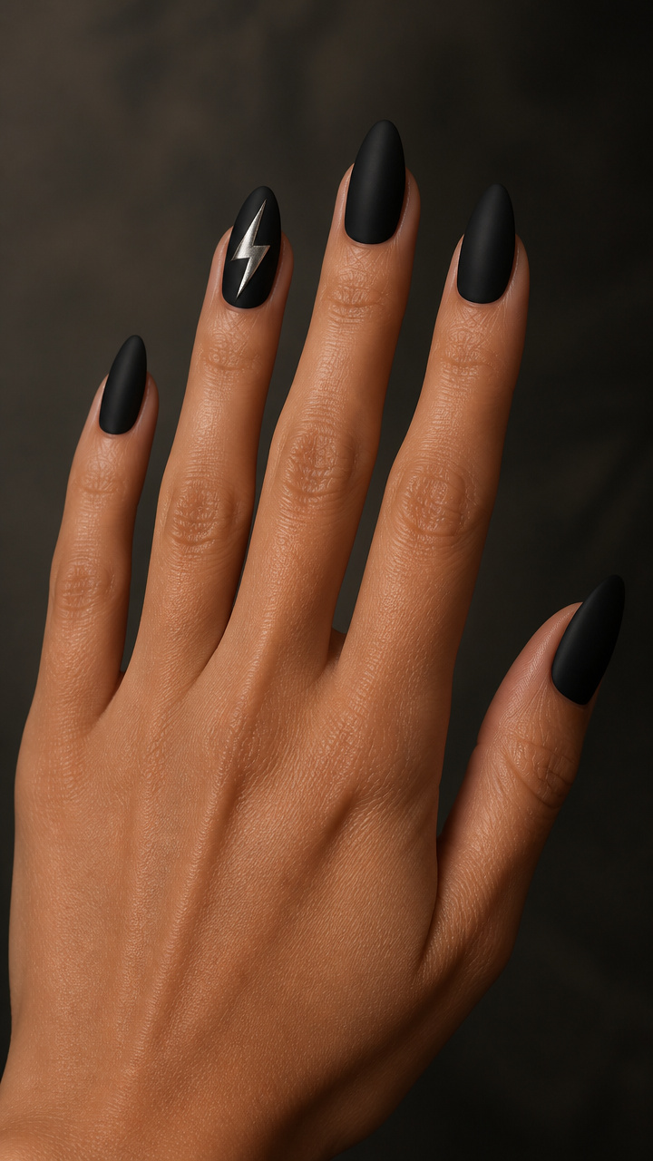 Matte Black Almond with Single Silver Lightning Bolt