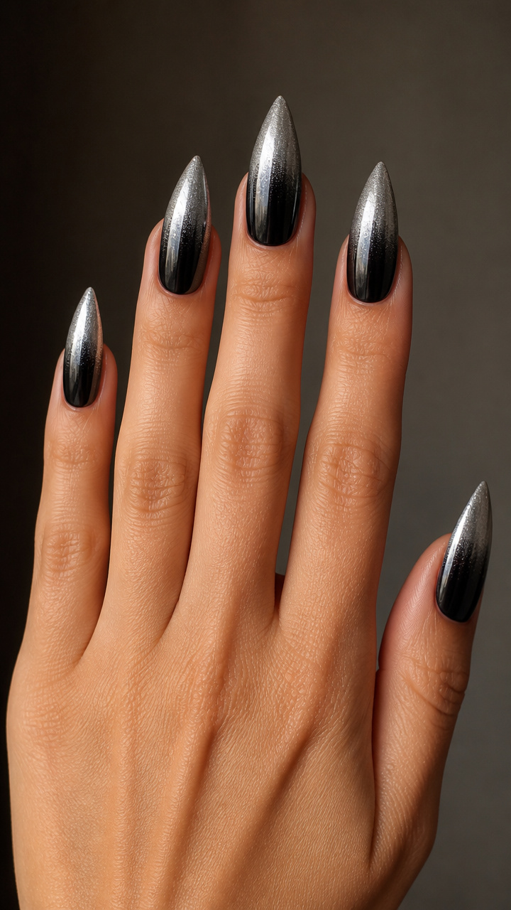 Silver Ombré Tips Over Black Stiletto Base