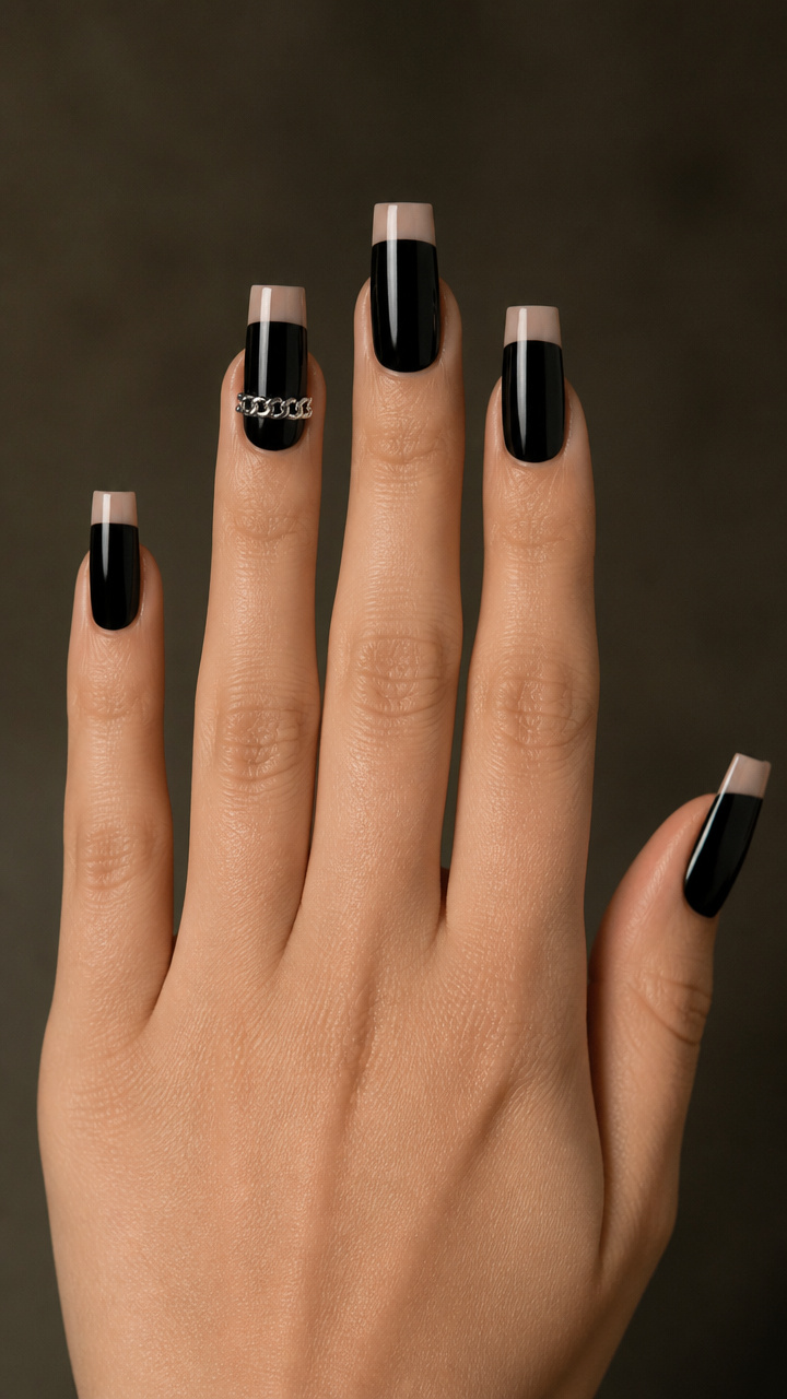 Negative Space Square Nails with Silver Chain Accents