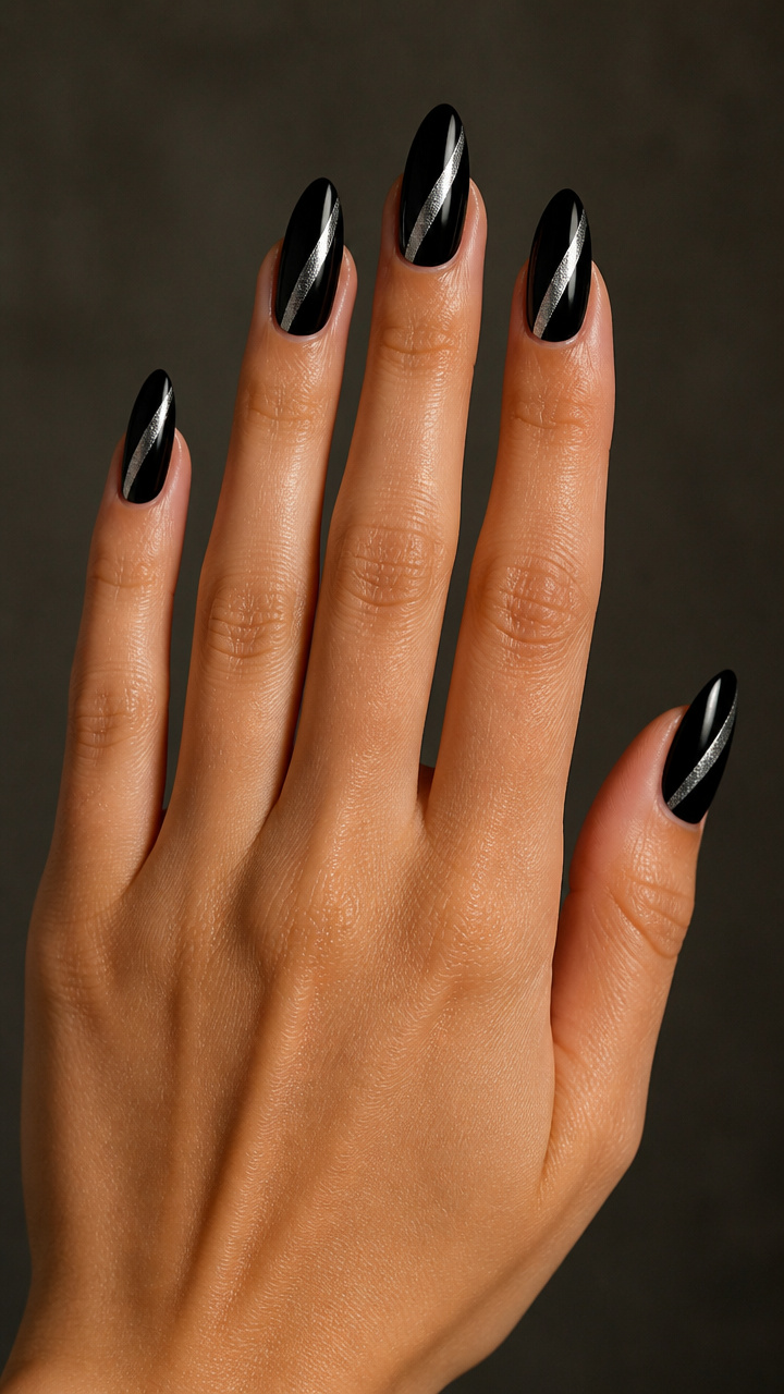 Asymmetrical Silver Slash on Jet Black Almond