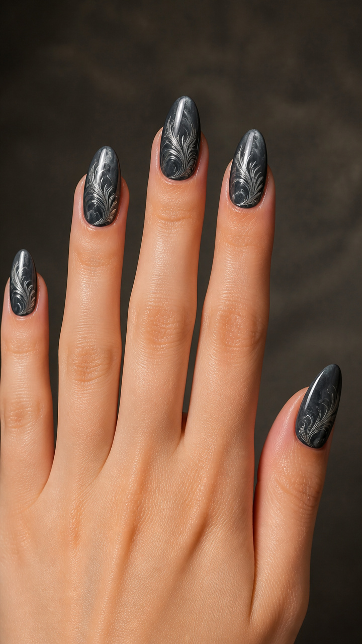 Smoky Charcoal Base with Silver Feather Whorls