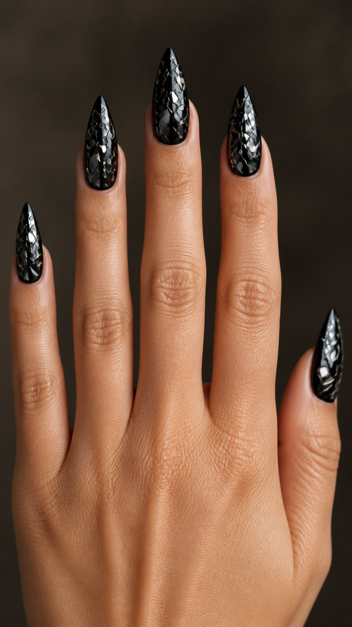 Black Glass Nails with Reflective Silver Interiors