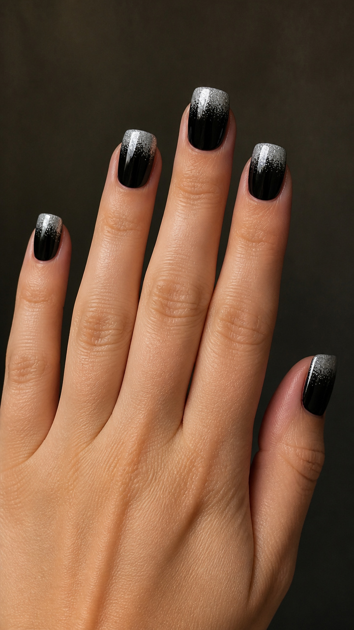 Silver Gradient Moonlit Tips on Short Black Squares