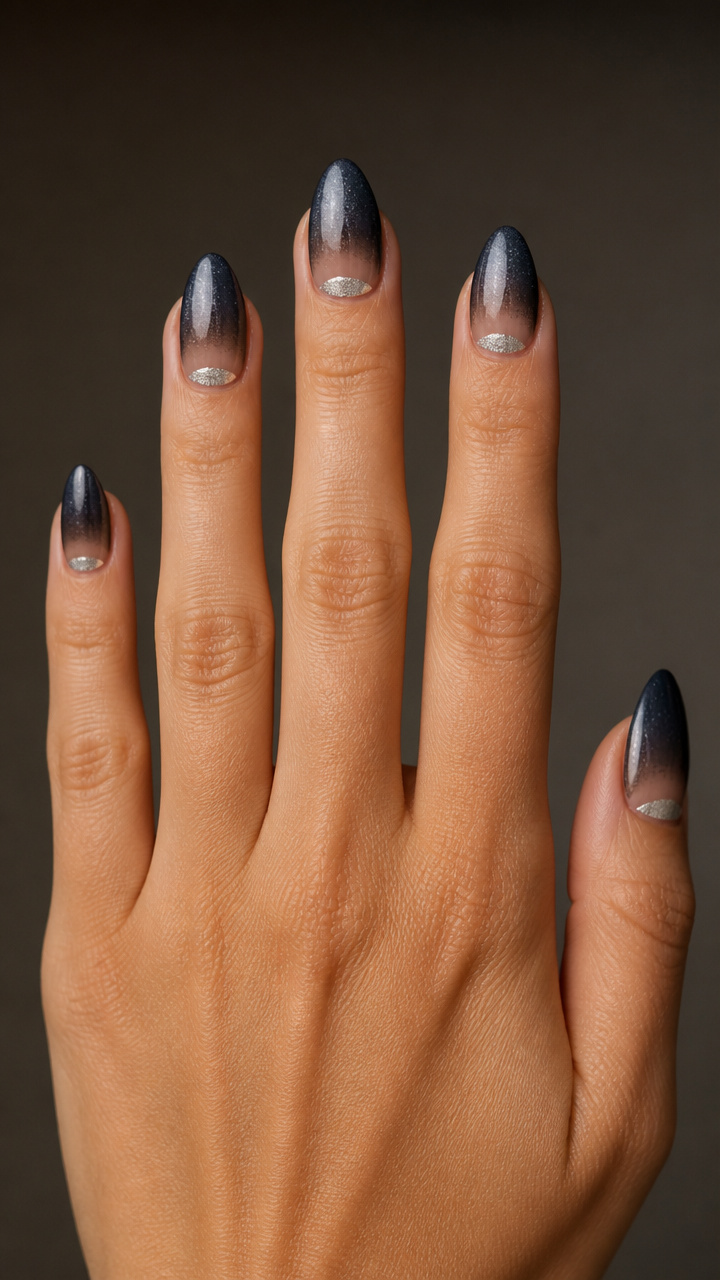 Frosted Black Tips with Shimmering Silver Cuticle Bands