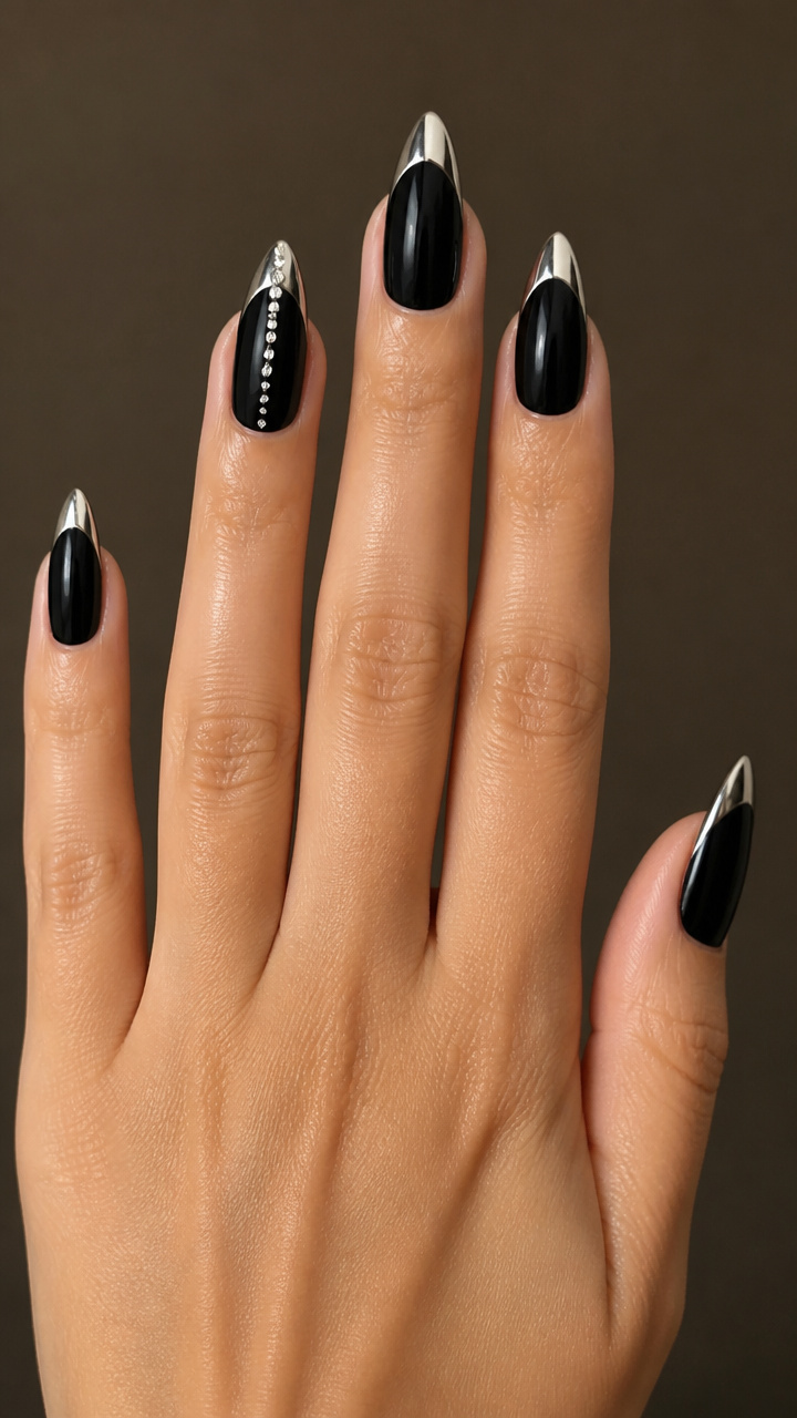 Silver-Tipped Black Almonds with Micro Rhinestone Trail