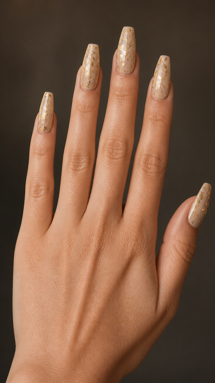 Warm Beige Coffin Nails with Gold Leaf Flecks