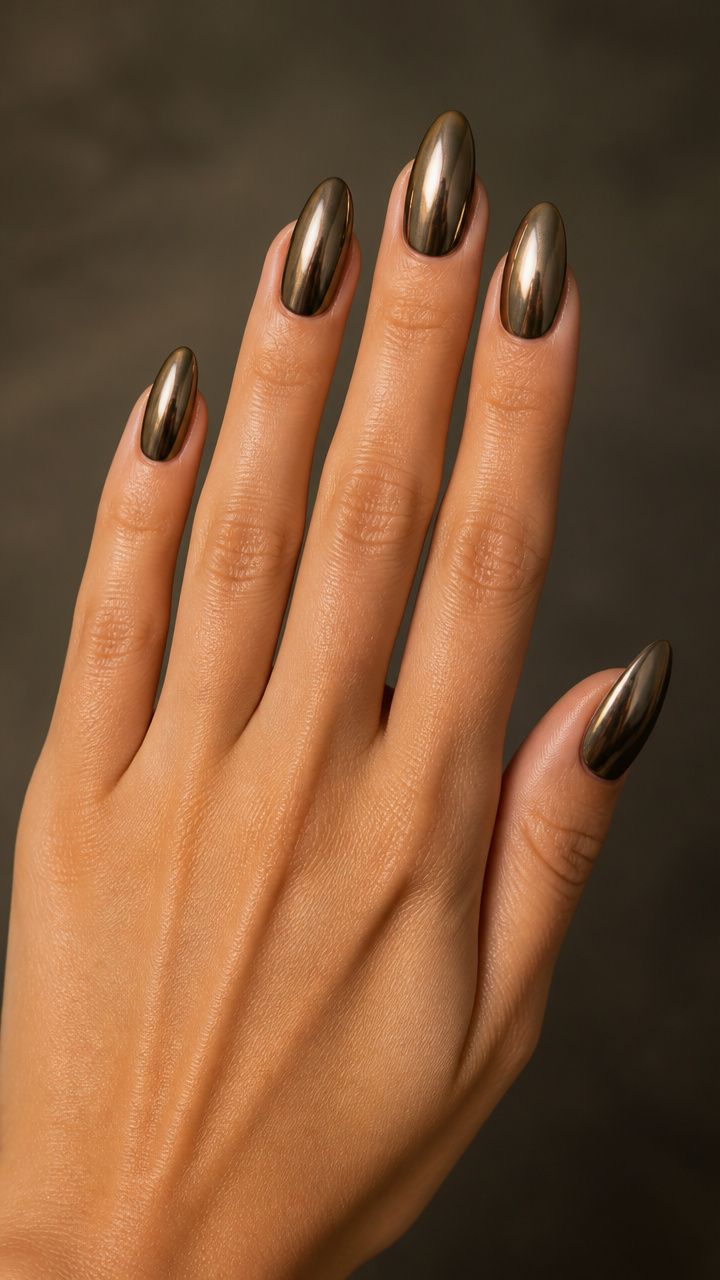 Smoked Mirror Chrome Almond Nails