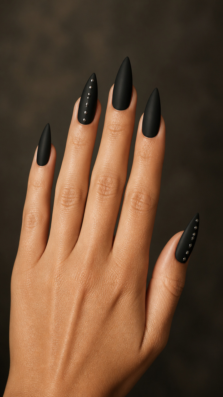 Black Velvet Matte Stilettos with Silver Studs