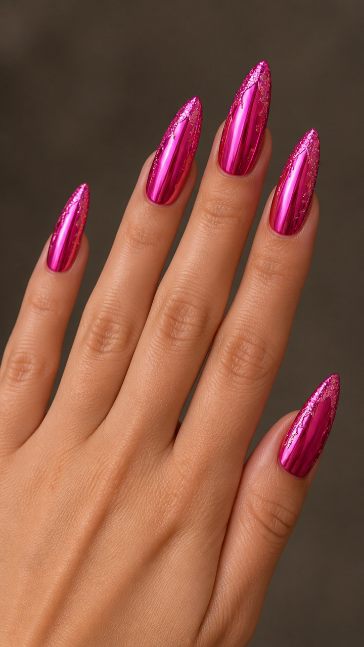 Hot Pink Chrome with Jagged Glitter Edge