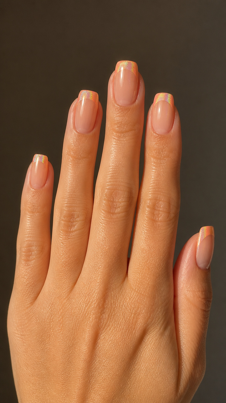 Peach Holographic Tips on Rounded Squares