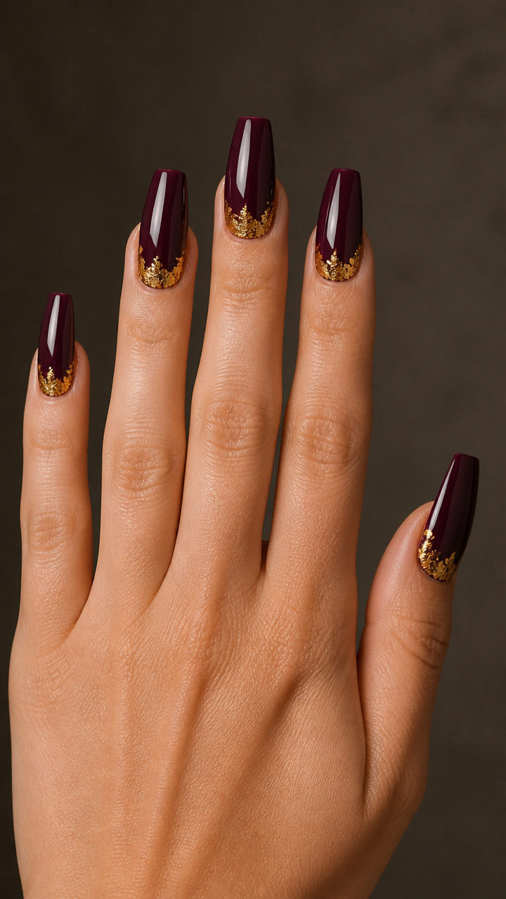 Deep Plum Coffin Nails with Gold Foil Accents