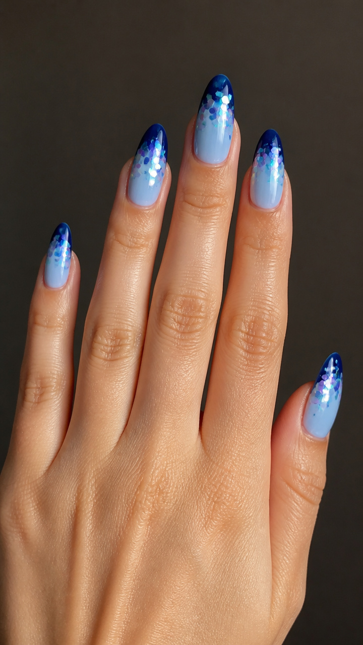 Navy Blue Tips with Iridescent Sequin Gradients