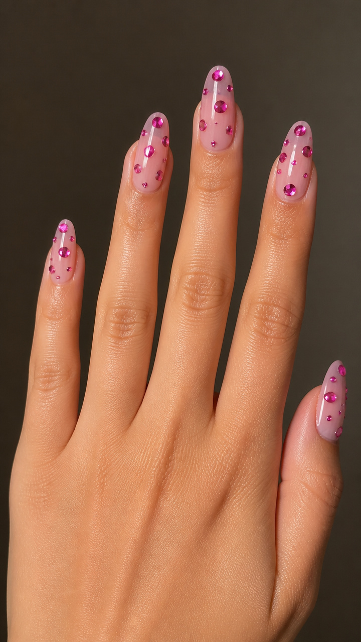 Clear Gloss Base with Scattered Hot Pink Rhinestones
