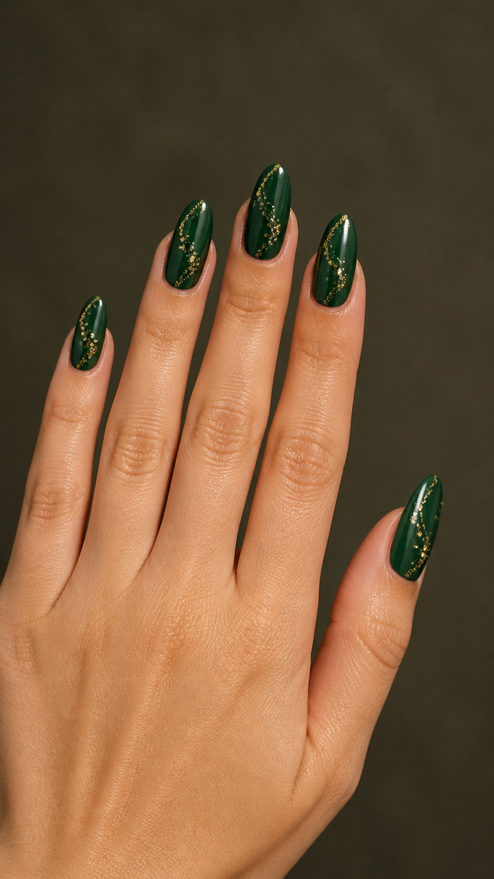 Forest Green Almond Nails with Gold Sequin Trails