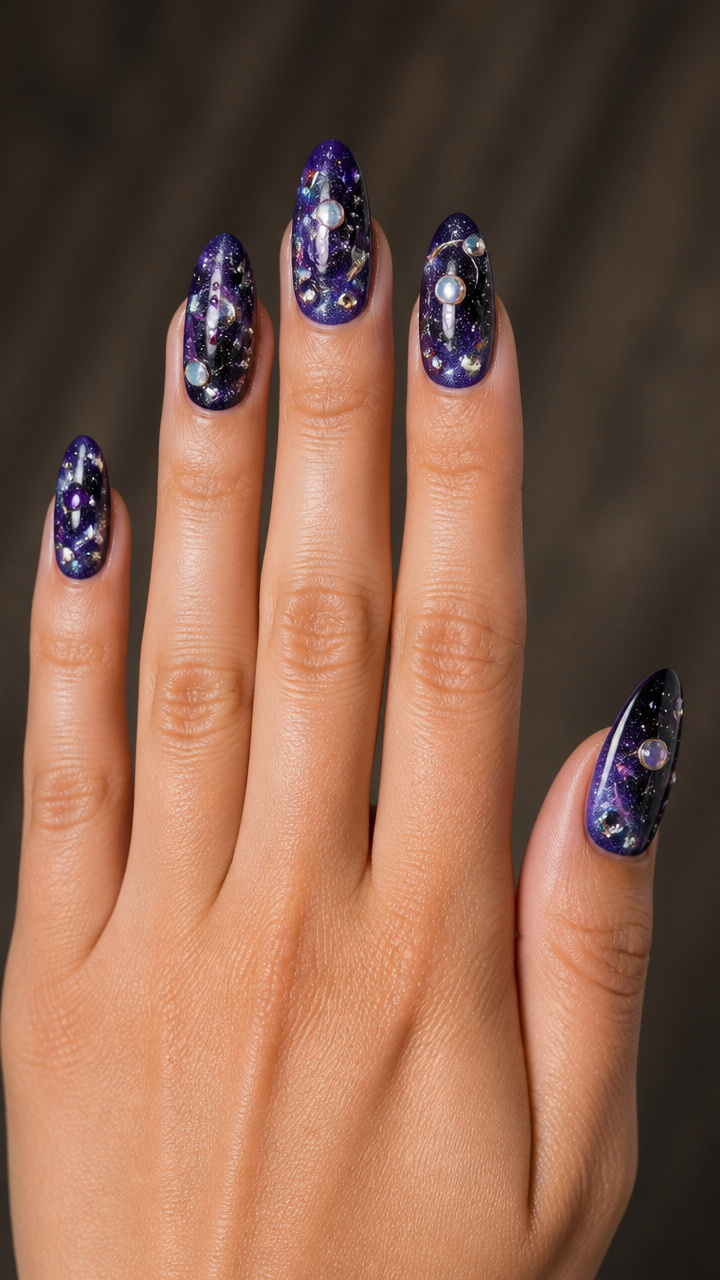 Purple Galaxy Nails with Multi-sized Rhinestones