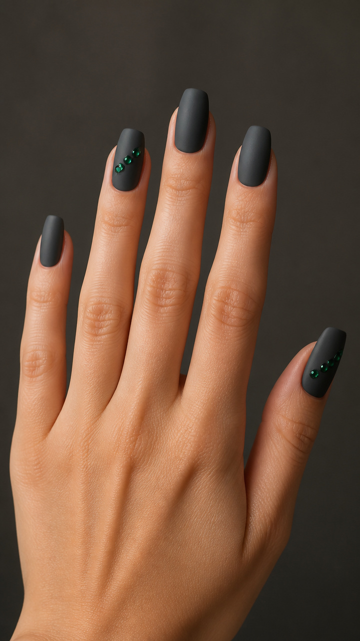 Charcoal Gray Matte Base with Emerald Rhinestones