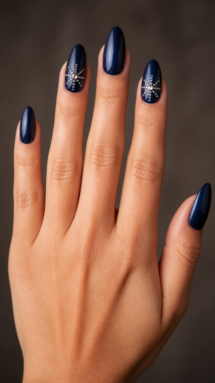 Midnight Blue Almond Nails with Starburst Rhinestones