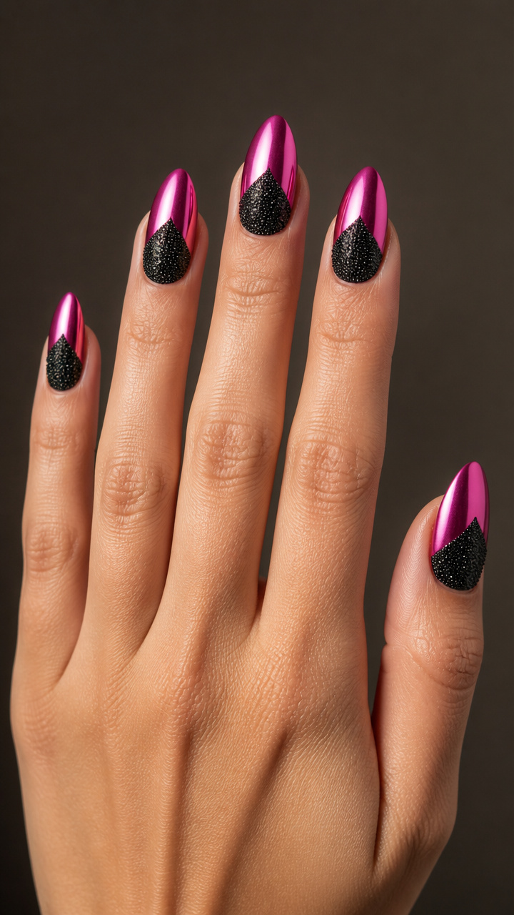 Hot Pink Chrome Tips with Black Micro-sequins