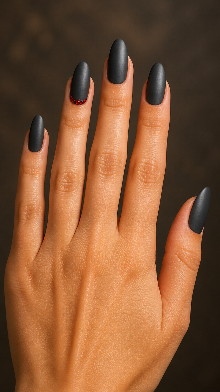 Gunmetal Gray Nails with Red Crystal Accents