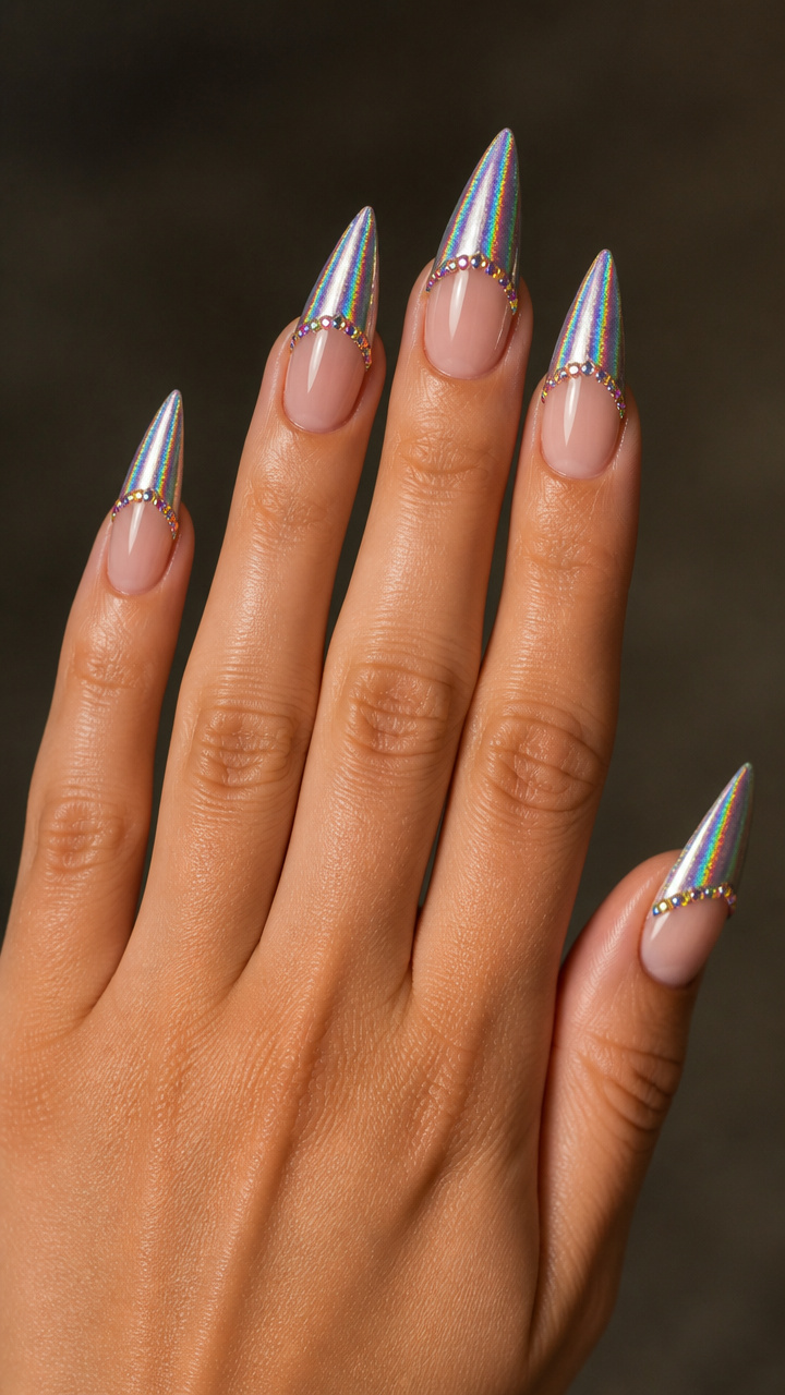 Holographic Silver Tips with Rainbow Micro-rhinestones