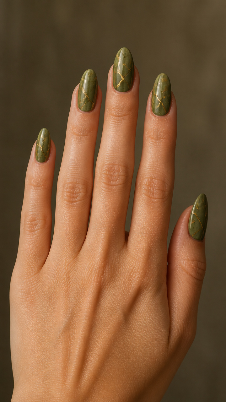 Moss Green Almond Nails with Gold Veining
