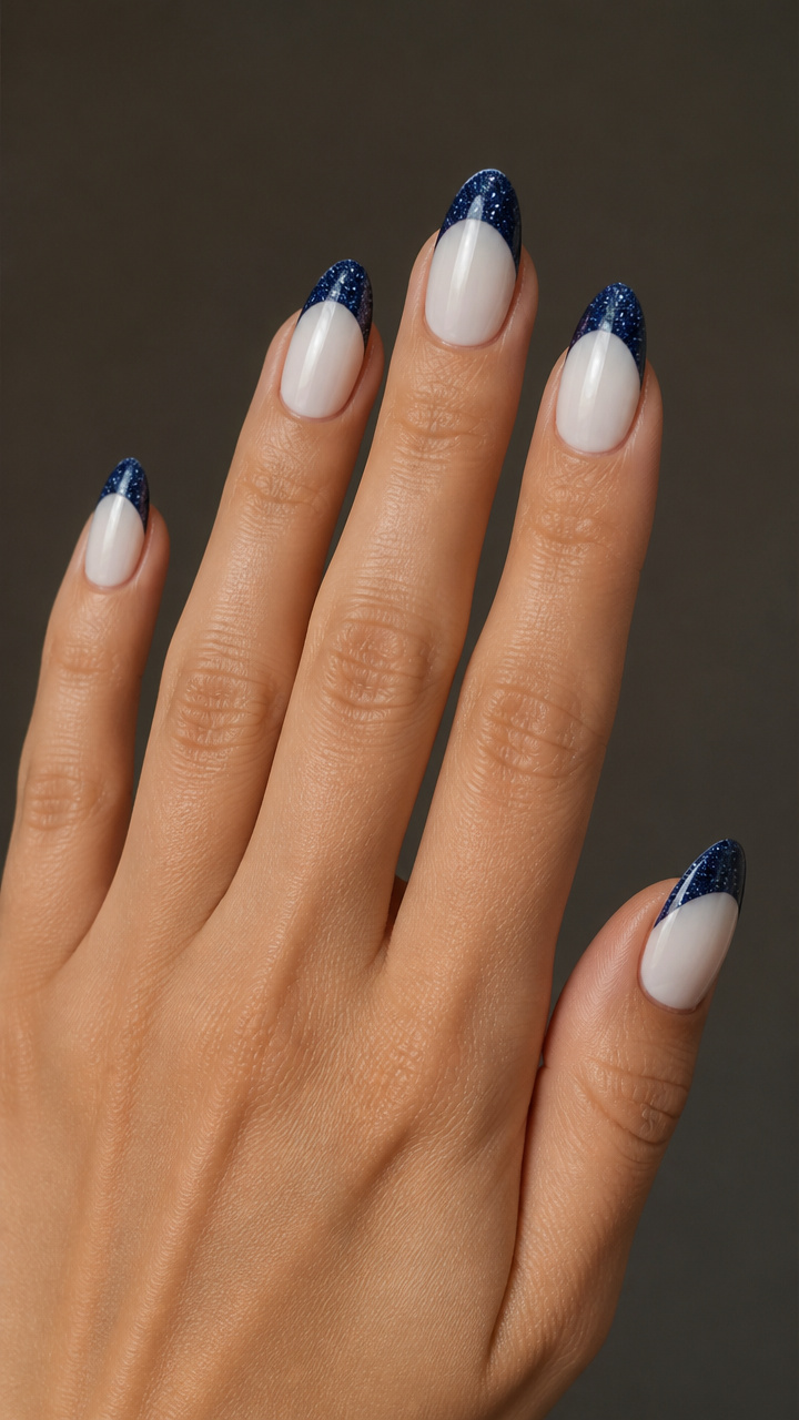 Midnight Blue Glitter French Tips