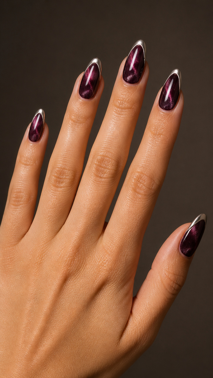 Midnight Plum Velvet Tips with Silver Pulse Line