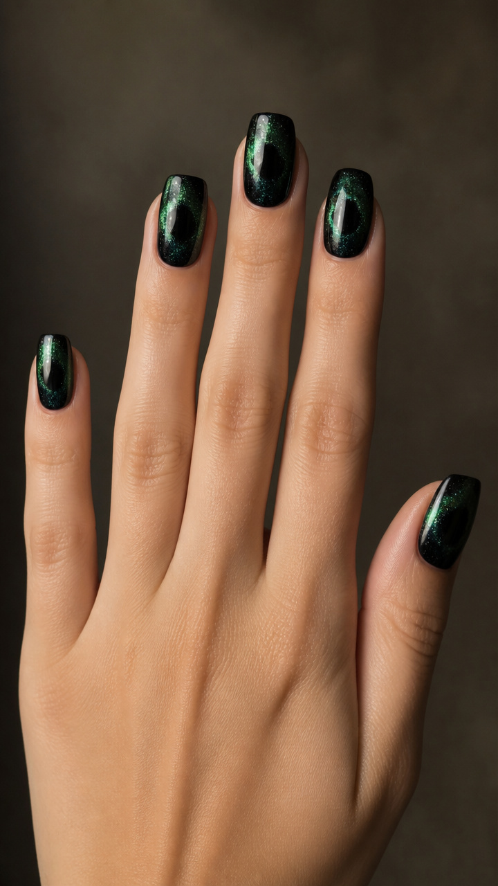 Emerald Galaxy Swirls on Black Velvet Base