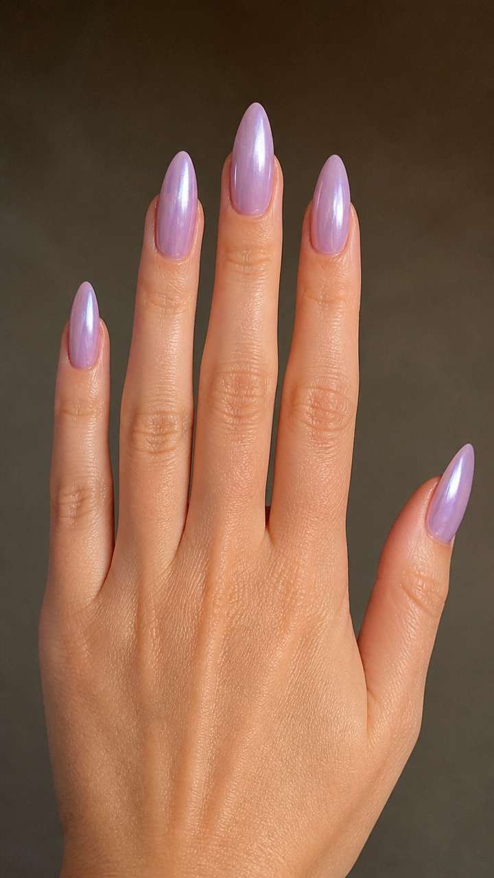 Frosted Lilac Chrome on Almond Tips