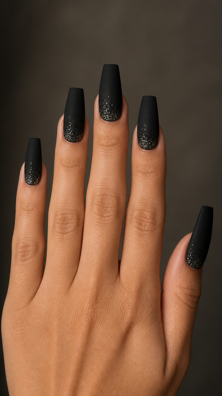 Black Velvet Matte Coffin Nails with Silver Micro Glitter