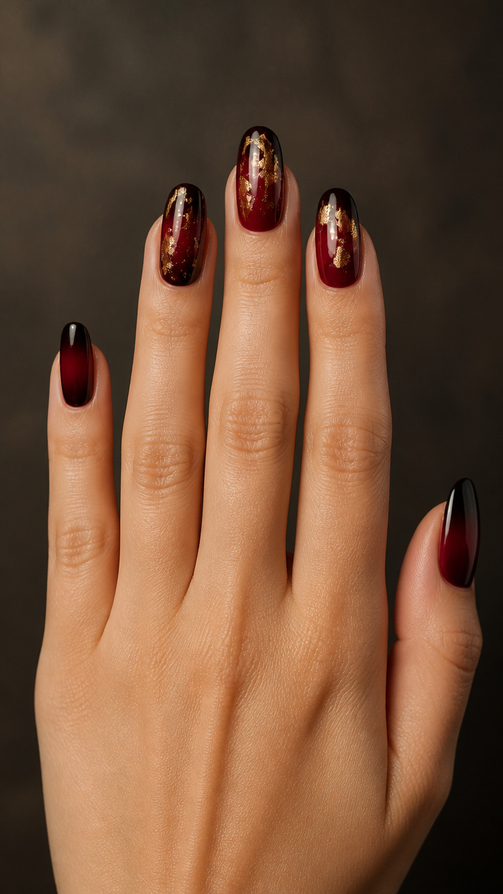 Deep Burgundy Ombré with Gold Leaf Accents