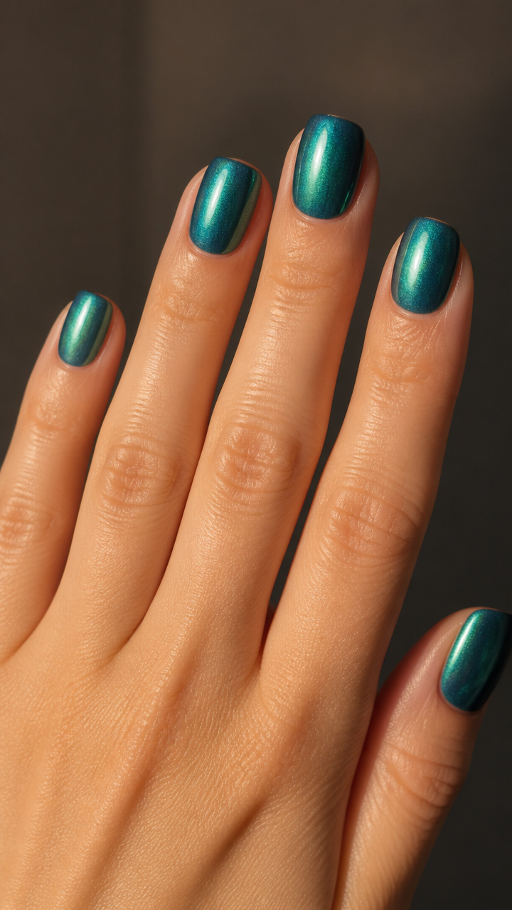 Pearlized Teal on Rounded Squoval Nails