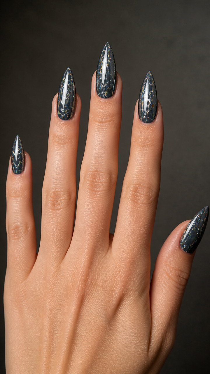 Charcoal Gray Stiletto with Silver Holographic Crackle