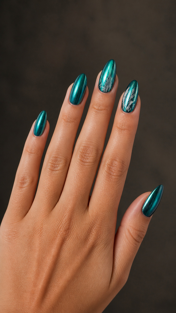 Teal Chrome Almond with Feather Accent