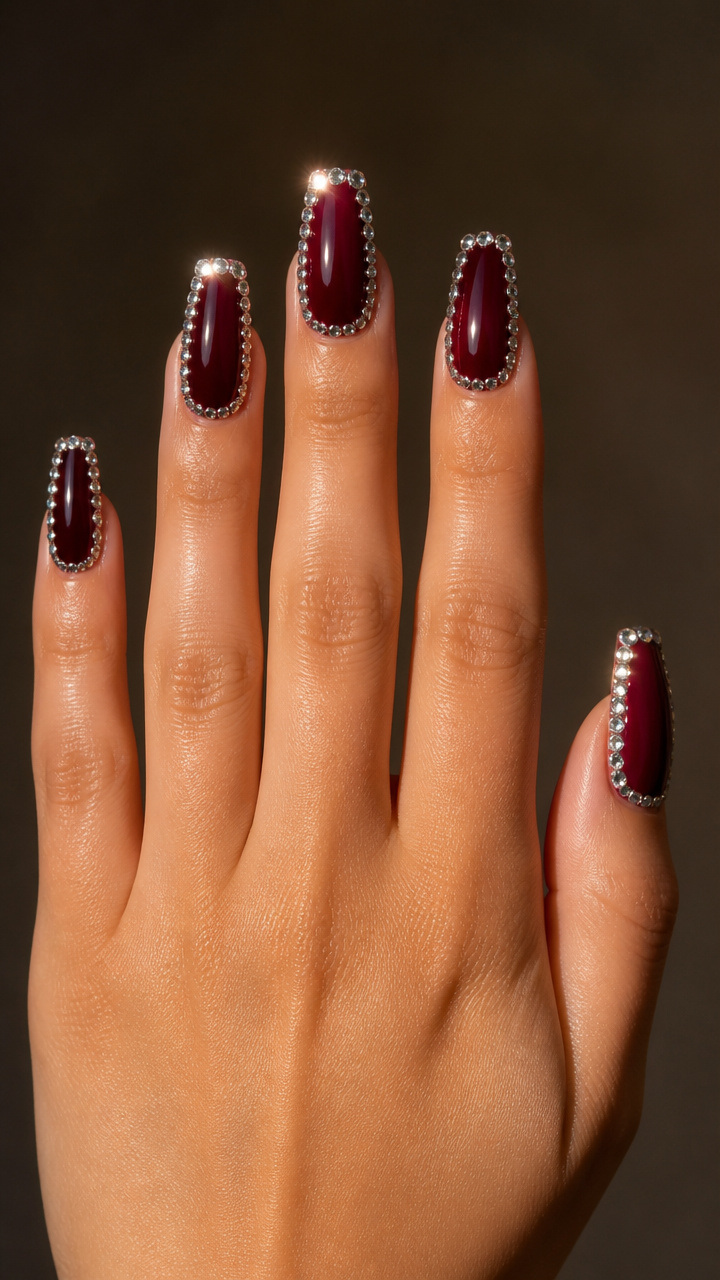 Burgundy Gloss Coffin with Rhinestone Border
