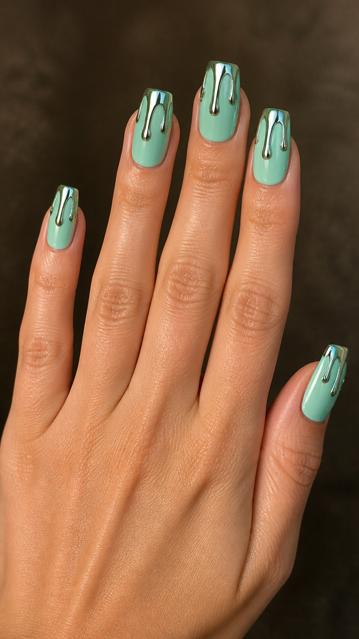 Mint Green Square with Chrome Drip Effect